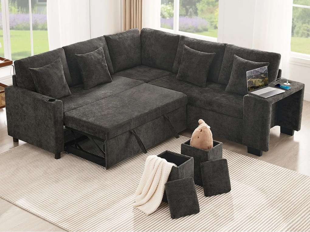 Kanapa narożna w kształcie L - 5 osób - z uchwytami na kubki - porty USB + USB-C - Tkanina szynszyla - z poduszkami - szary