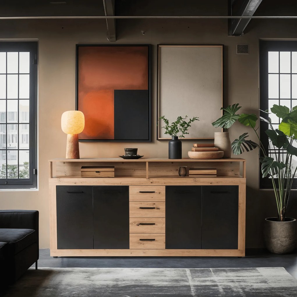 Komoda Czterodrzwiowa z Szufladami BLAGO 190 cm Dąb Artisan/Czarny Nowoczesna Loft