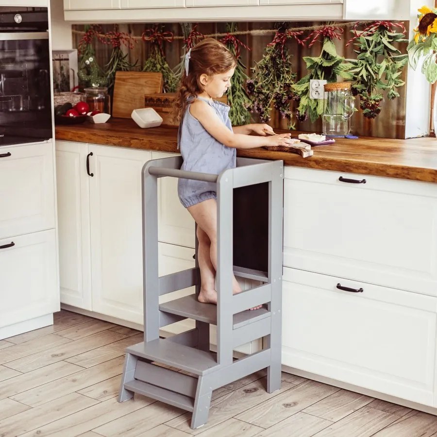 Kitchen helper z tablicą drewniany pomocnik kuchenny dla dziecka, szary ciemny - meowbaby®