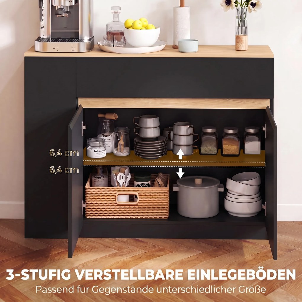 HOMCOM Sideboard, kredens, duża komora szafkowa, 3-stopniowy regał, szuflada, czarny, 110 x 29,5 x 82 cm | Aosom PL