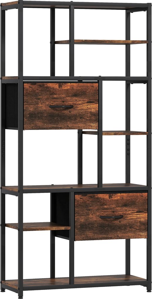HOMCOM Regał do przechowywania, 2 materiałowe szuflady, 9 otwartych przegród, wolnostojący regał z ramą stalową, Brązowy+Czarny