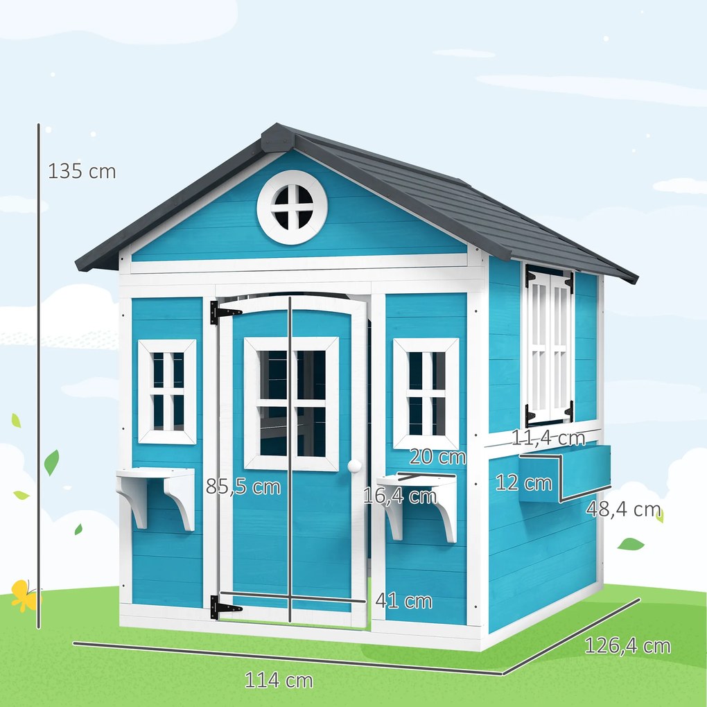 Outsunny Domek Ogrodowy dla Dzieci, Drewniany Domek Zabaw z Oknami, Doniczkami, 3-8 Lat, Niebieski
