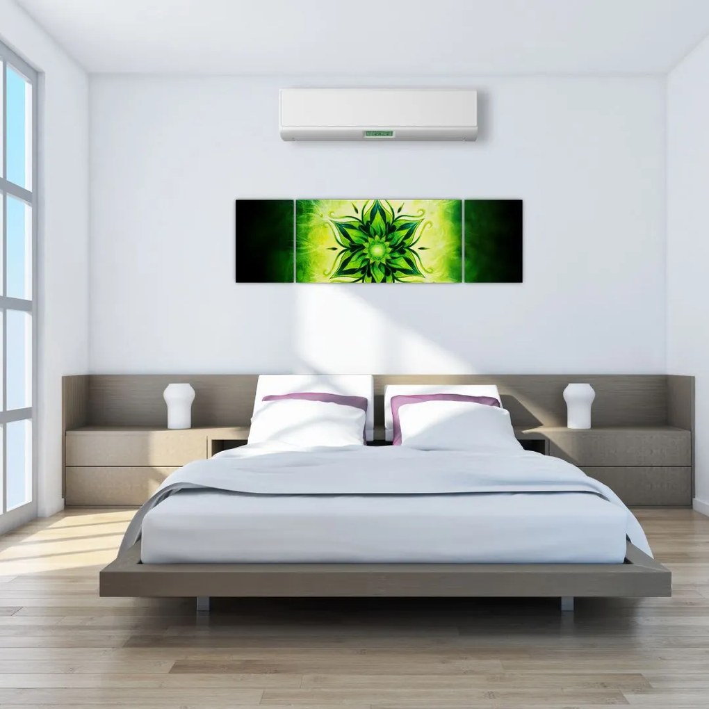 Obraz - Kwiatowa mandala na zielonym tle (170x50 cm)