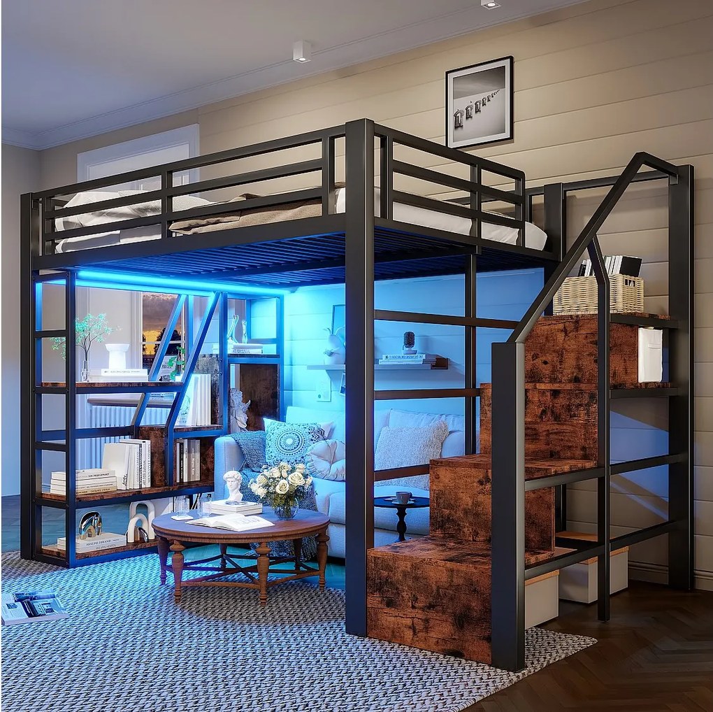 Podświetlana antresola z metalu - 140 x 200 cm - z płytą kuchenną + blatem kuchennym + diodami LED - MDF + metal - czarna