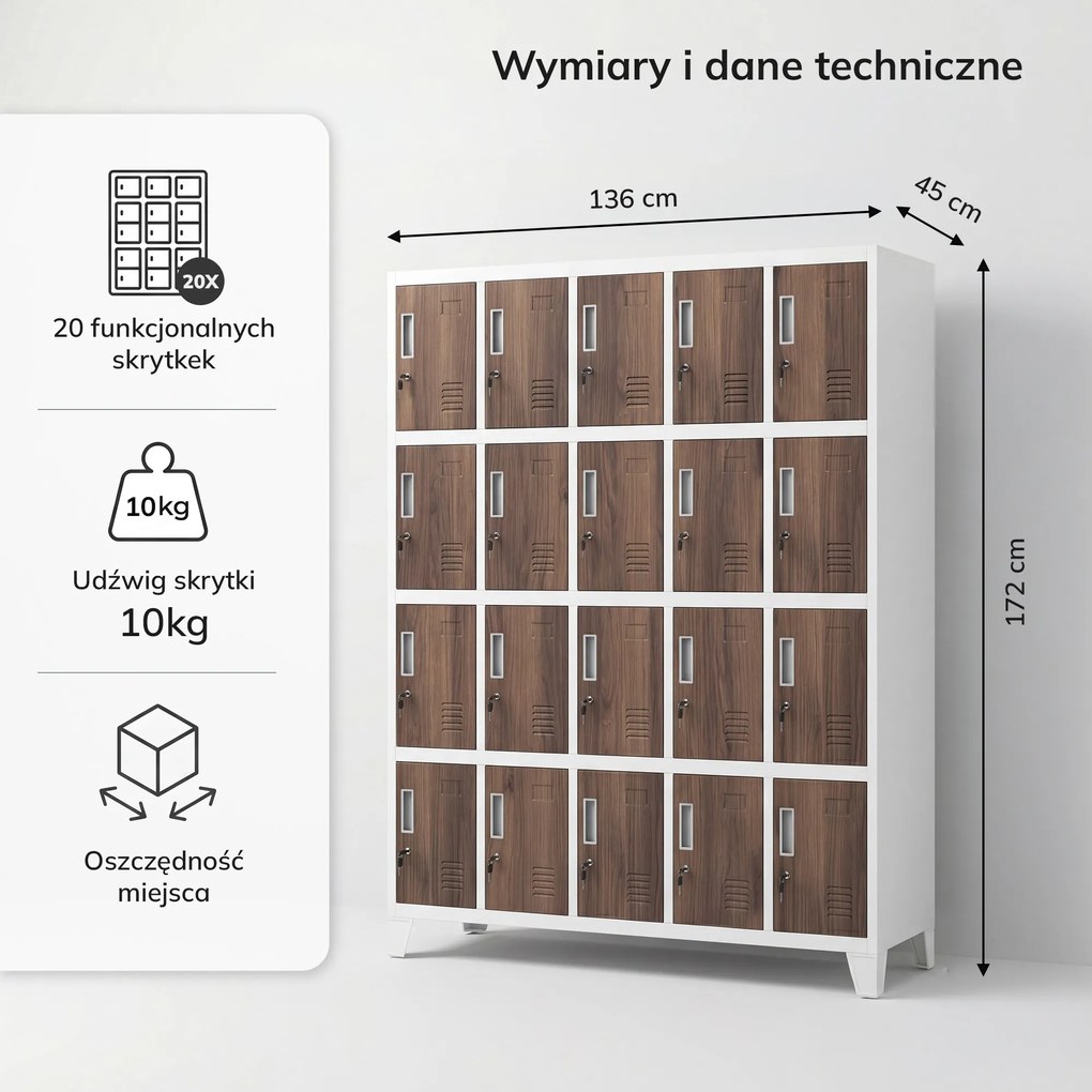 Szafa skrytkowa socjalna BHP biała / orzech: Eco Design ROBERT, 1360 x 1720 x 450 mm