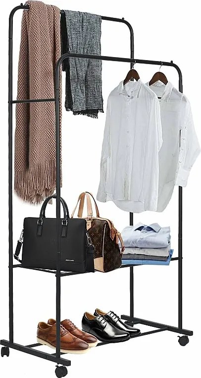 Wieszak na ubrania na kółkach, solidny podwójny wieszak na ubrania z 2 półkami, wielofunkcyjny 80,5x51x155cm