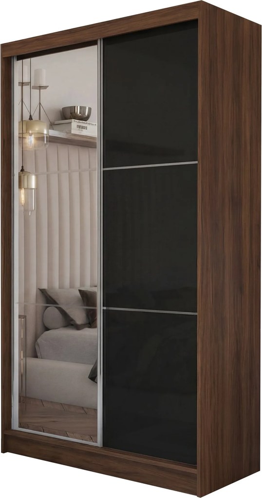 Szafa VITALE - Orzech / Front Czarny / Z lustrem / 2 szuflady / 120 cm