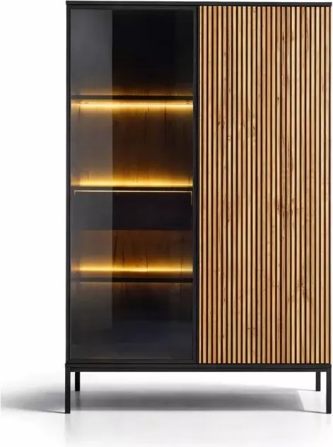 Witryna Shark 104x166 cm LED push to open MDF szkło hartowane stal kaszmir, czarny/dąb wotan