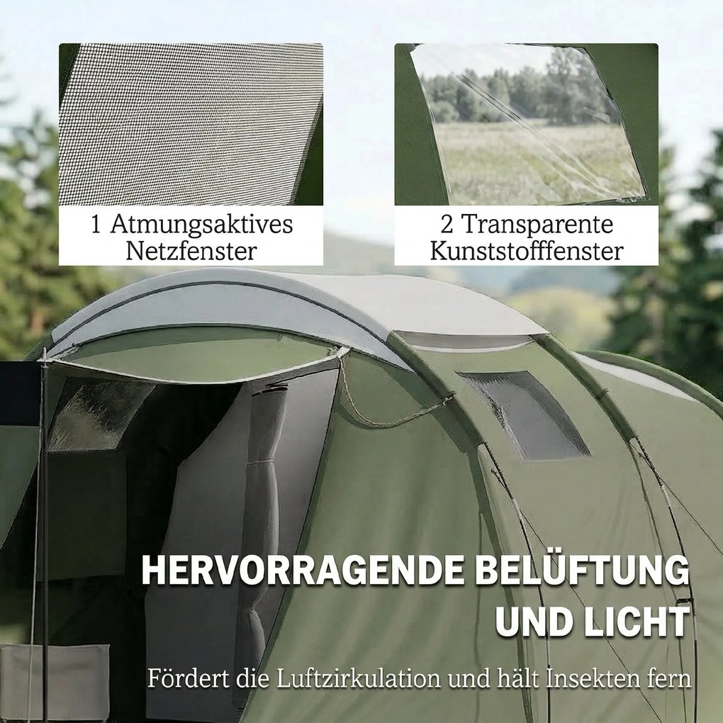 Outsunny Namiot kempingowy 3-4 os., stabilny, 3000 mm wodoodporny, namiot rodzinny z sypialnią i przedsionkiem, zielony | Aosom PL
