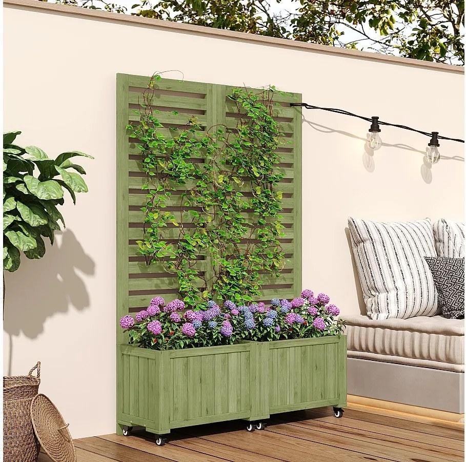 Donica z kratką do roślin pnących - 102,5 x 32 x 152,5 cm - ze składanymi kółkami - drewno - zielona