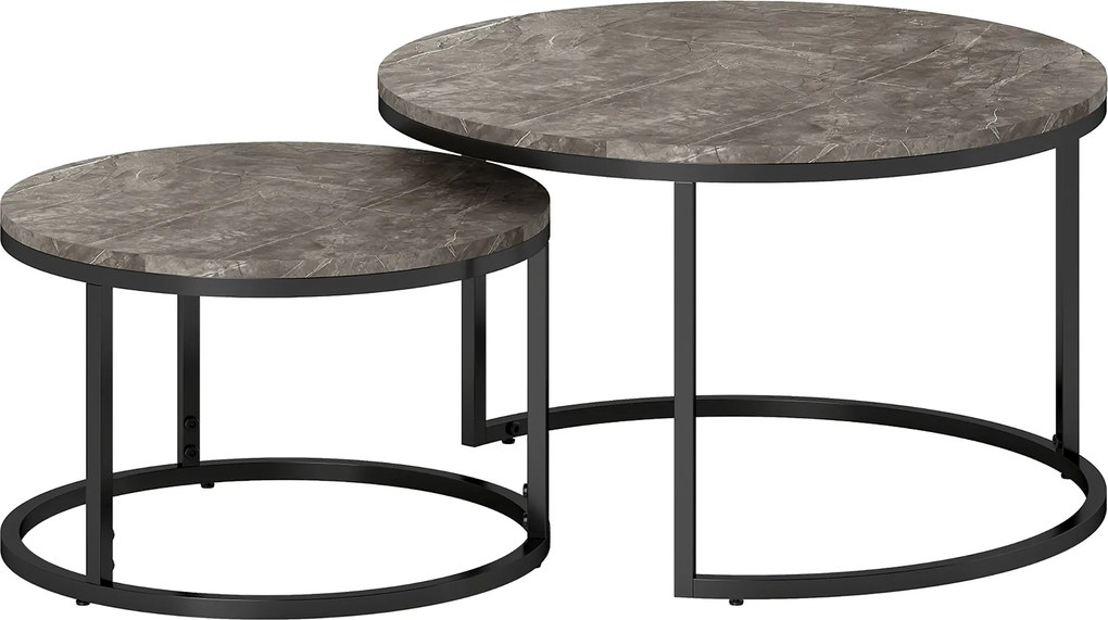 HOMCOM Zestaw 2 okrągłych stolików kawowych, wsuwane stoliki z ramą metalową, stolik salonowy z blatem imitującym marmur, stolik kawowy, Szary