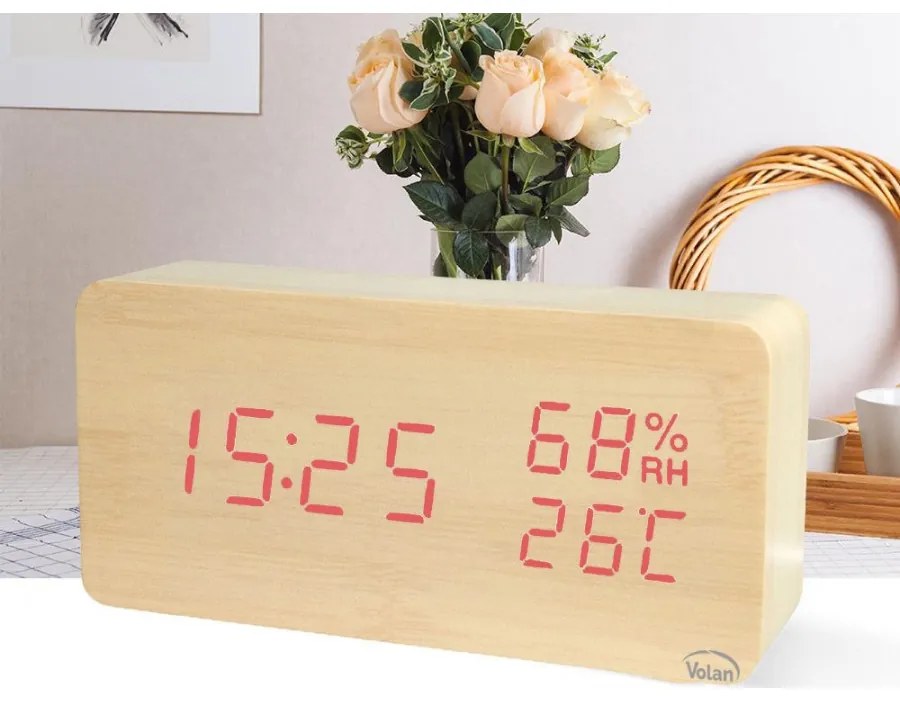 Zegar budzik elektroniczny led drewniany stojący - data termometr higrometr