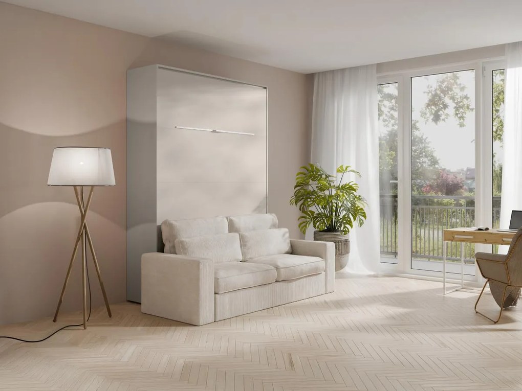 Łóżko chowane w szafie 140 x 200 cm - Otwierane pionowo manualnie - Z oświetleniem LED - Beżowe + Materac + Kanapa - RAPILI