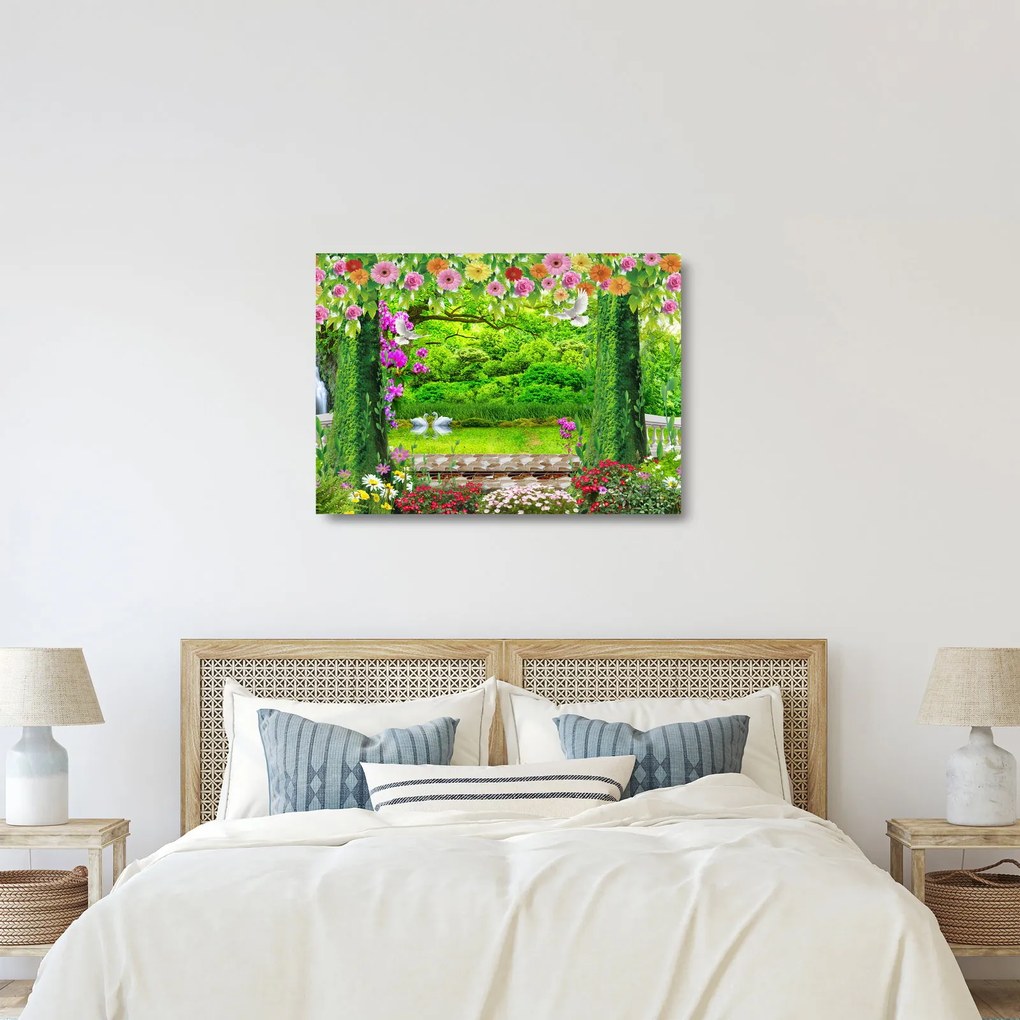 Obraz na szkle - Magiczny ogród z łabędziami (70x50 cm)