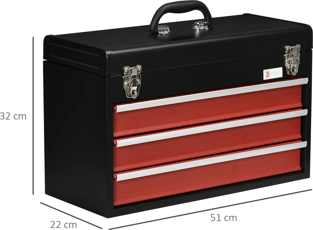 DURHAND Skrzynka Narzędziowa 3 Szuflady Zamek Stal Czarno Czerwona Organizacja Narzędzi 51x22x32cm | Aosom PL