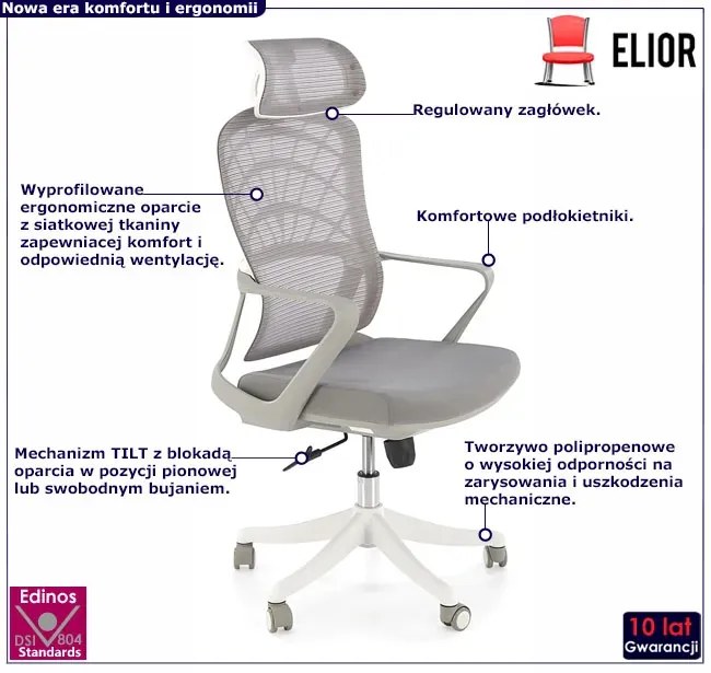 Popielaty fotel obrotowy z regulowanym zagłówkiem D5-F63