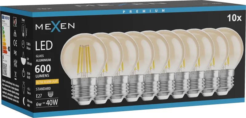 Mexen Vintis 10x żarówka filament LED E27, G45, 6W, Ciepła - 2200K, 600 lm, amber - L156-E27-0622-50x10