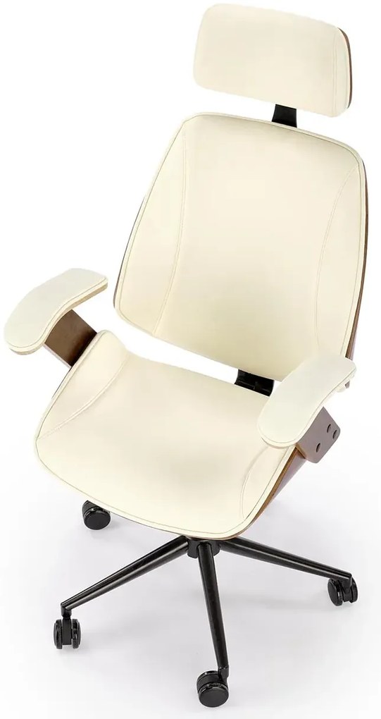 Designerski obrotowy fotel tapicerowany orzech + kremowy - Hano