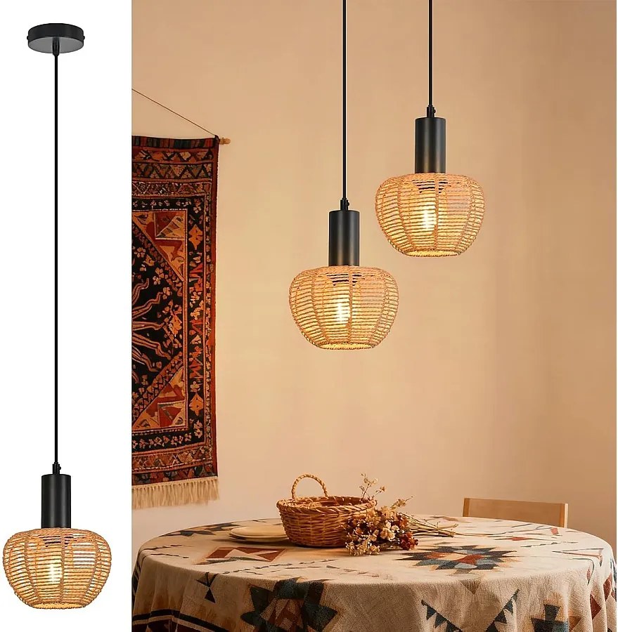 Lampa wisząca Nettlife Boho Rattan 1-światłowa – pleciona w stylu vintage, lina konopna E27 do jadalni (bez żarówki)