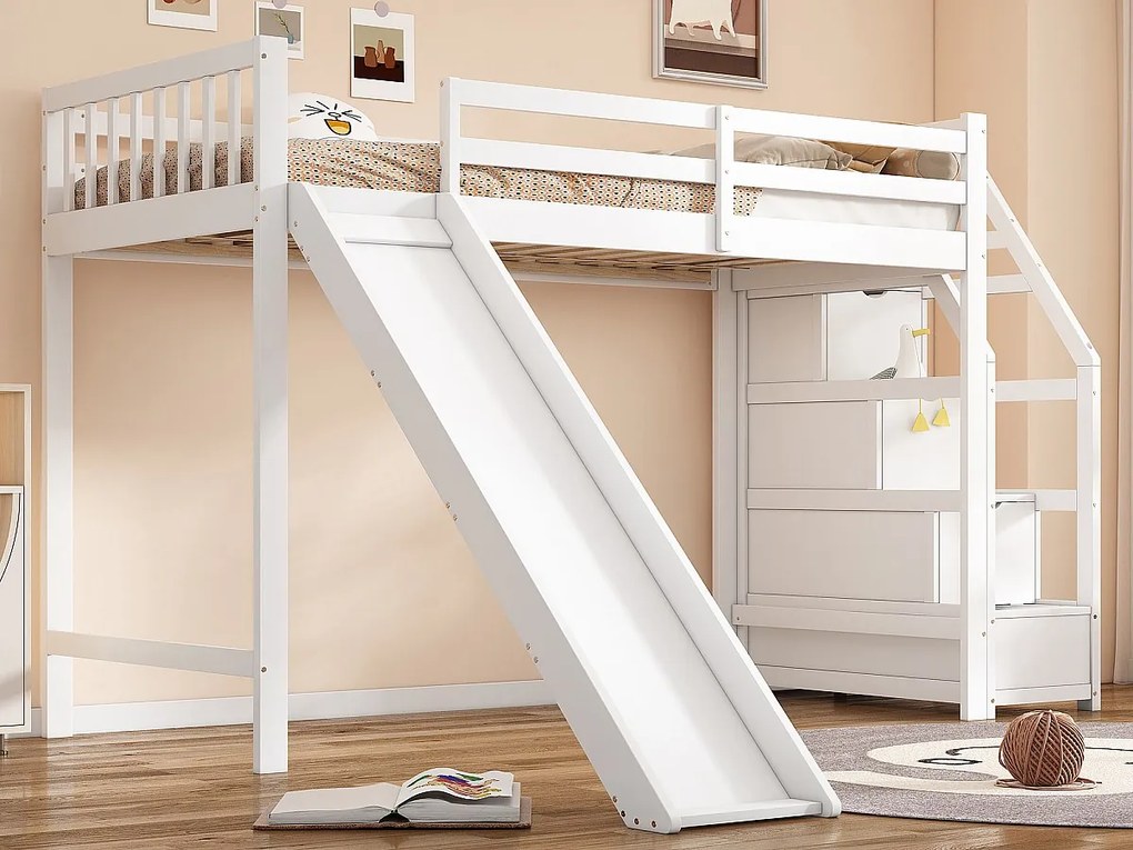 Łóżko piętrowe 90 x 200 cm z 3 szufladami i prowadnicą - drewno sosnowe + płyta MDF - stelaż listwowy - białe