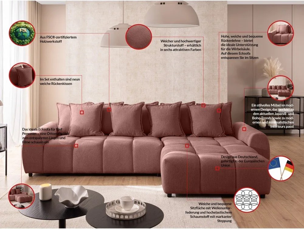 Narożnik (prawostronny/z szezlongiem) w kolorze terakoty Albane – Ropez