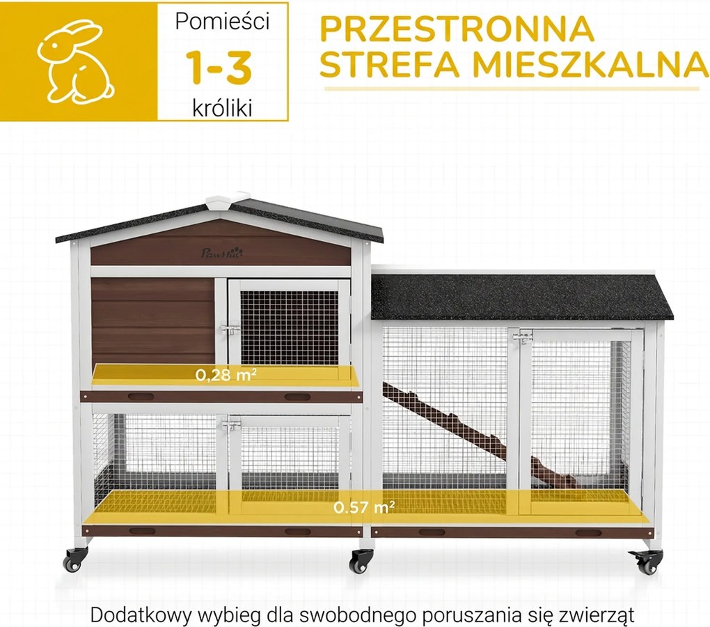 PawHut Domek dla małych zwierząt na kółkach, domek dla królików miniaturowych, wybieg, dach bitumiczny, domek dla małych zwierząt, wybieg dla królików miniaturowych, drewno, stal, brązowy | Aosom PL