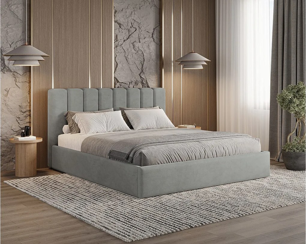 BESILIO Łóżko tapicerowane z pojemnikiem 140x200 Nuvia - Łóżko slim, miękkie wezgłowie, stelaż metalowy- Szary