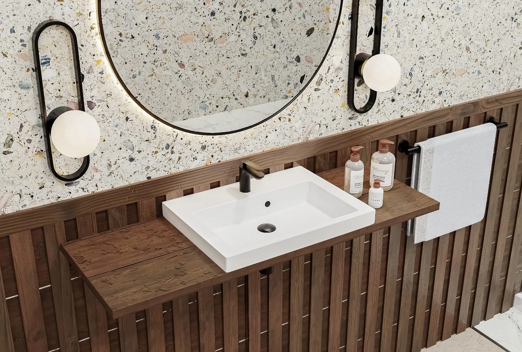 Umywalka wpuszczana w blat / blatowa biała 60 x 46 cm KLAR z konglomeratu z otworem na baterię