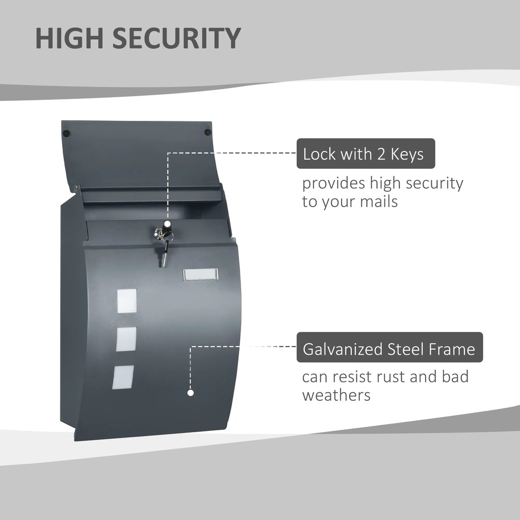 HOMCOM Skrzynka pocztowa z zamkiem, galwanizowana stal, 30 cm otwór na listy, Szara
