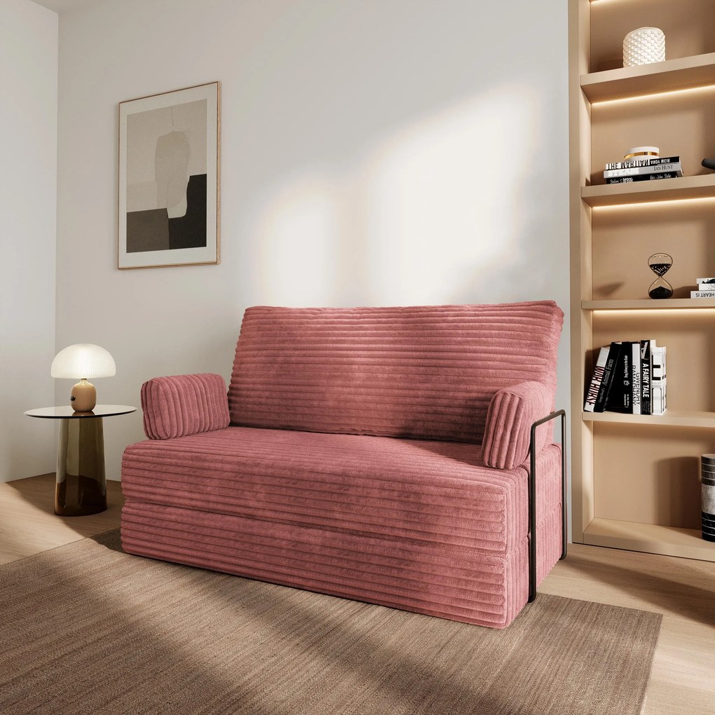 Masseno Sofa piankowa LADIA z funkcją spania, Kanapa z pianki do salonu, Bezmontażowa, Tkanina sztruksowa – Pudrowy róż TILIA 62