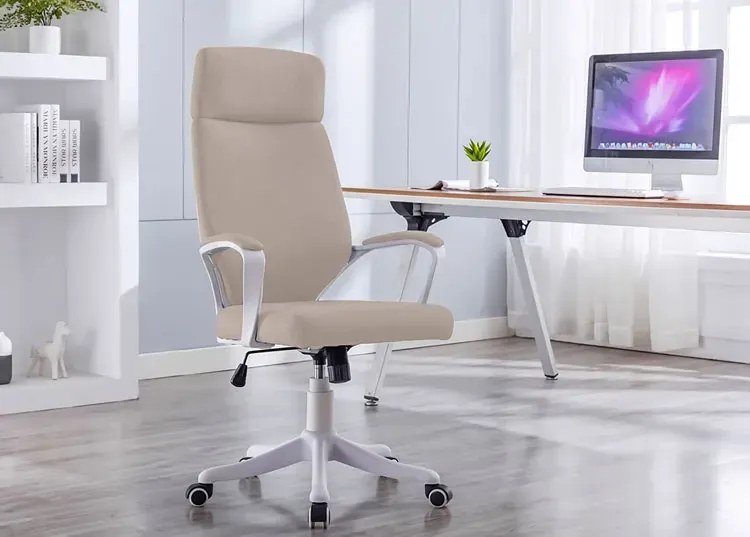 Beżowy ergonomiczny fotel biurowy z zagłówkiem do komputera - Dawo