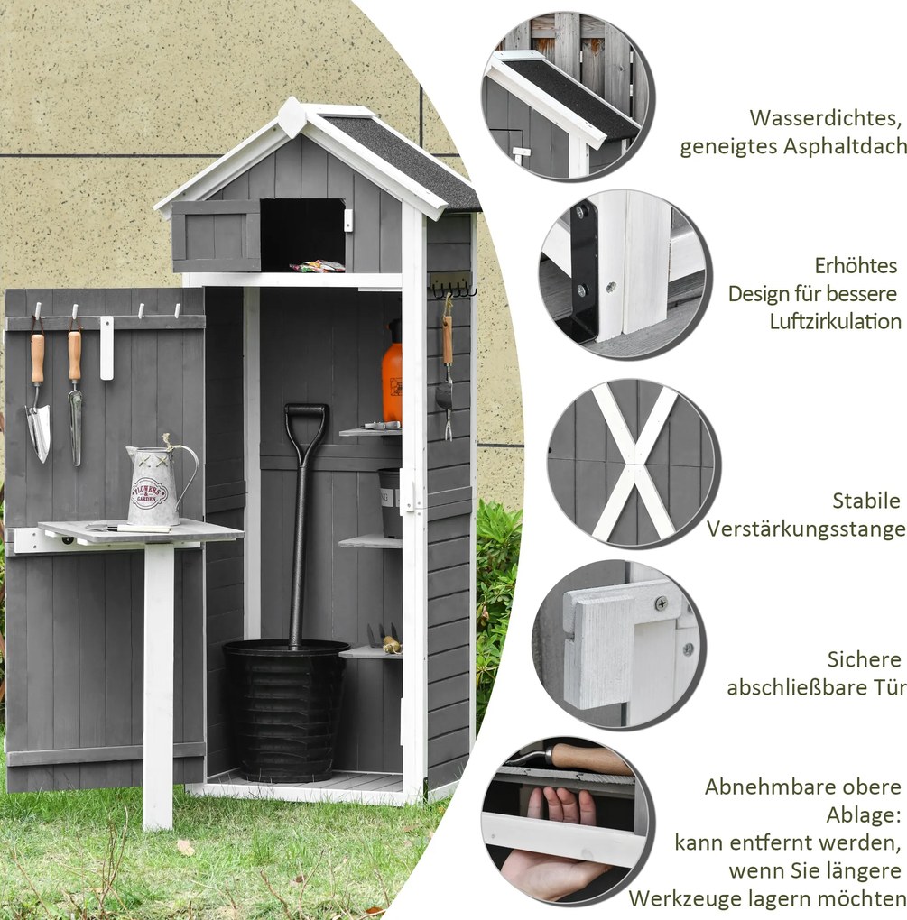 Outsunny Domek narzędziowy z drzwiami dachem szopa na narzędzia składany stół kolor szary drewno jodłowe