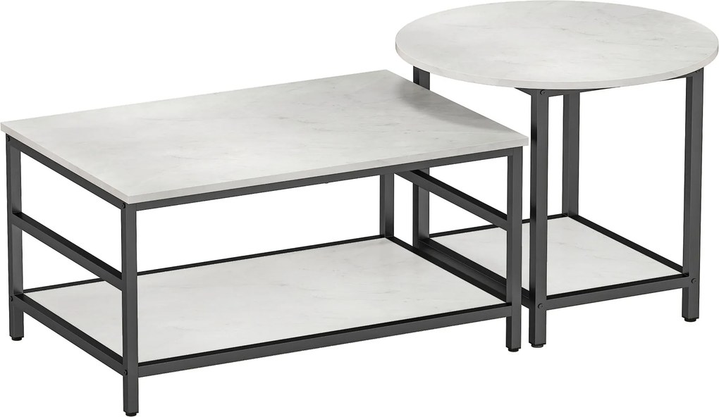 HOMCOM Zestaw Stolików Kawowych, 2 Pomocnicze Stoliki, Wygląd Marmuru, Regulowane Nóżki, Stal, Czarny/Biały