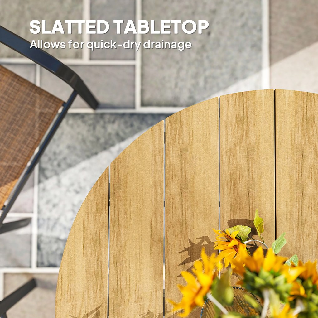 Outsunny Stół Ogrodowy Ø118cm, Wodoodporny Stół Balkonowy z Aluminium, Krzyżujące się nogi z projektem Lamel Teak