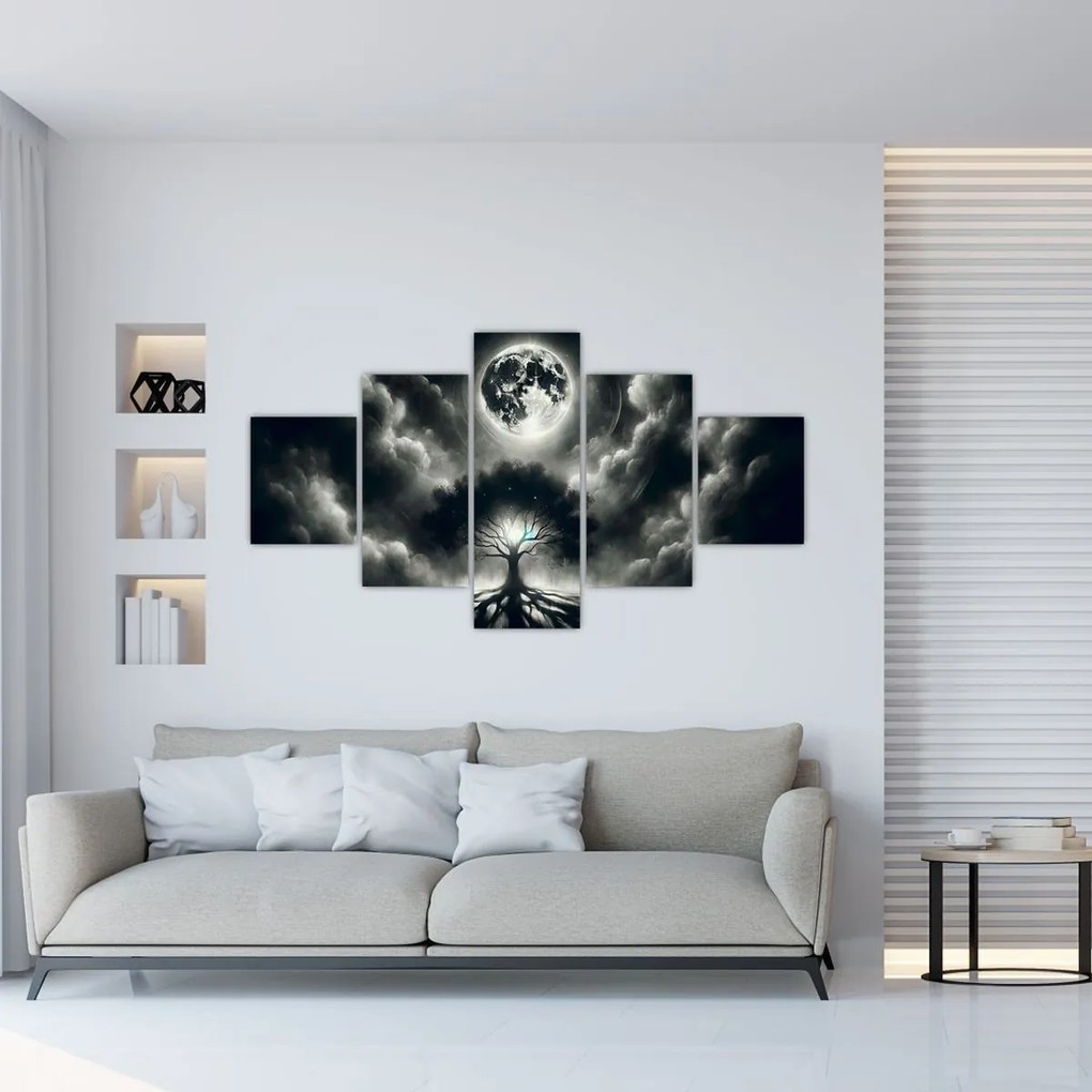 Obraz – Czarno-białe drzewo w pełni księżyca (125x70 cm)