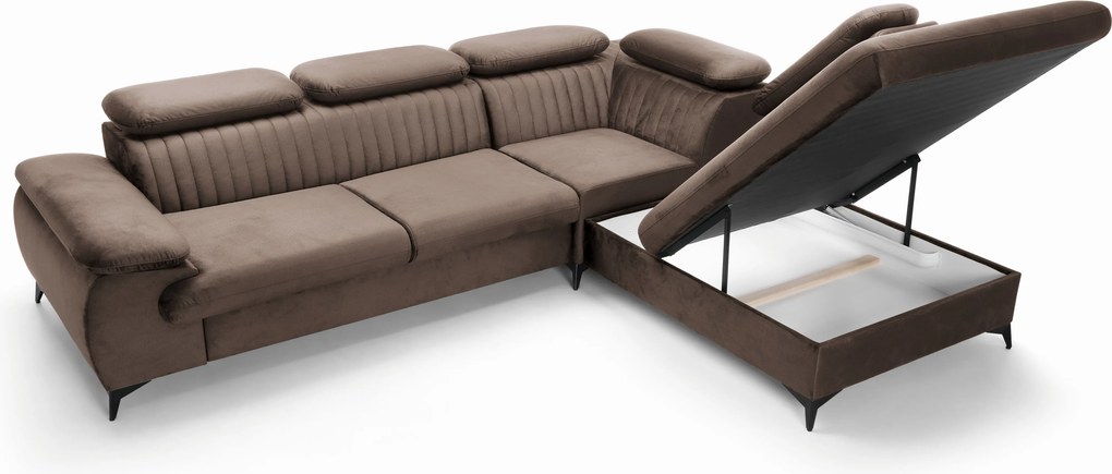 Masseno Narożnik FIORE z funkcją spania i pojemnikiem na pościel Narozniki L, Rozkładana sofa - Brązowy, MONOLITH 15