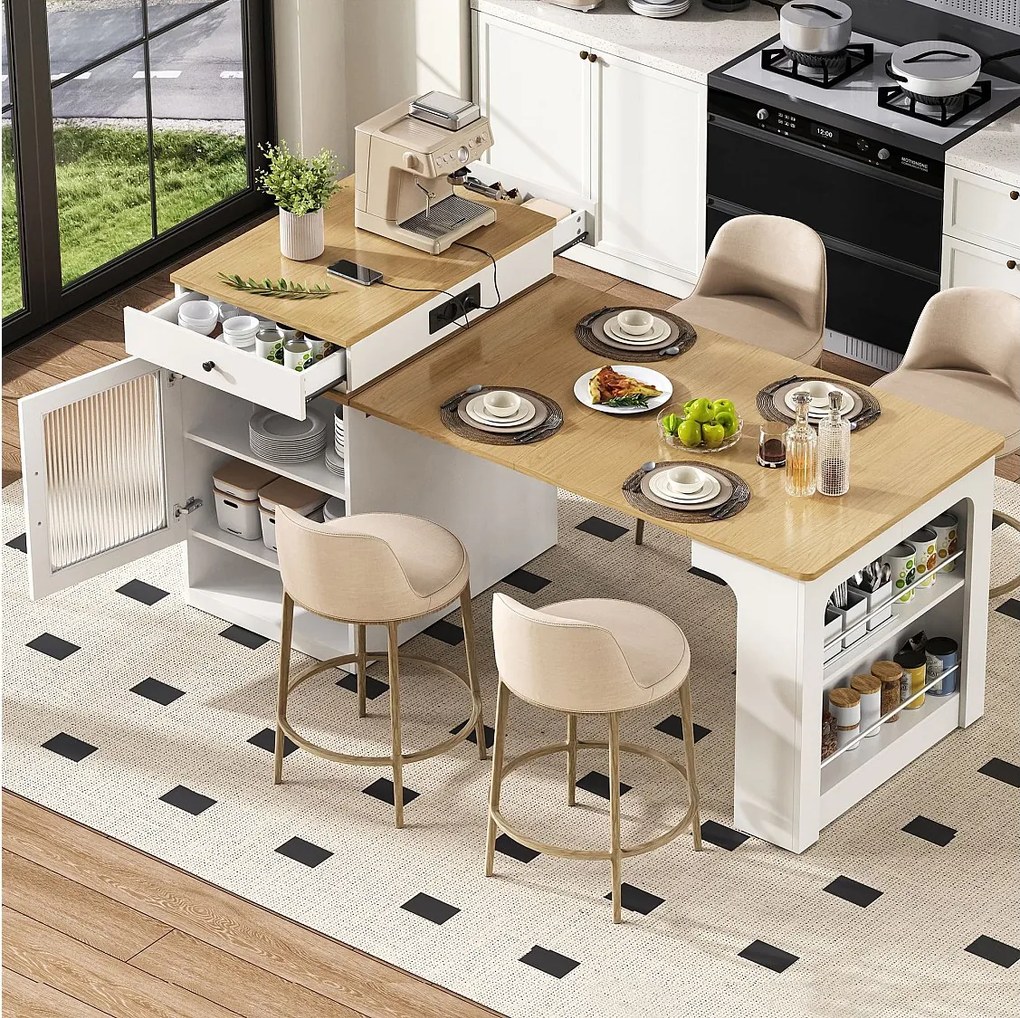 Rozkładany biały stół jadalny – stół z 1 drzwiami i 2 szufladami – z gniazdkiem elektrycznym i kółkami