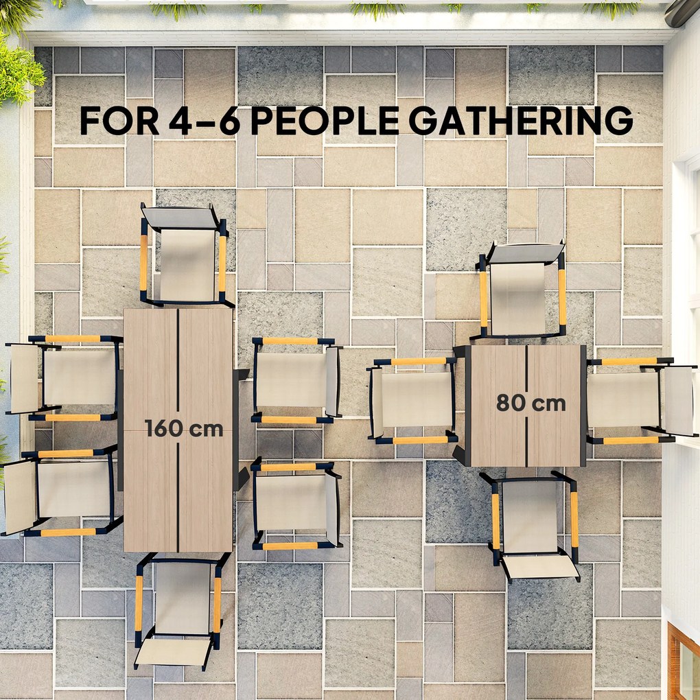 Outsunny Rozkładany Stół Ogrodowy z Aluminium 80/160x80 cm, Odporny na Warunki Atmosferyczne, na Balkon dla 6 Osób, Naturalne Drewno