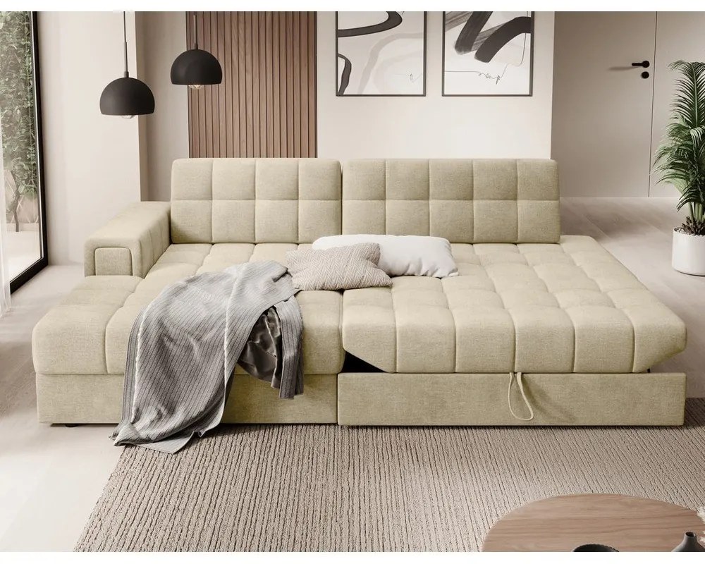 Jasnobrązowy aksamitny rozkładany narożnik (lewostronny/z szezlongiem) Blezalt – ELTAP