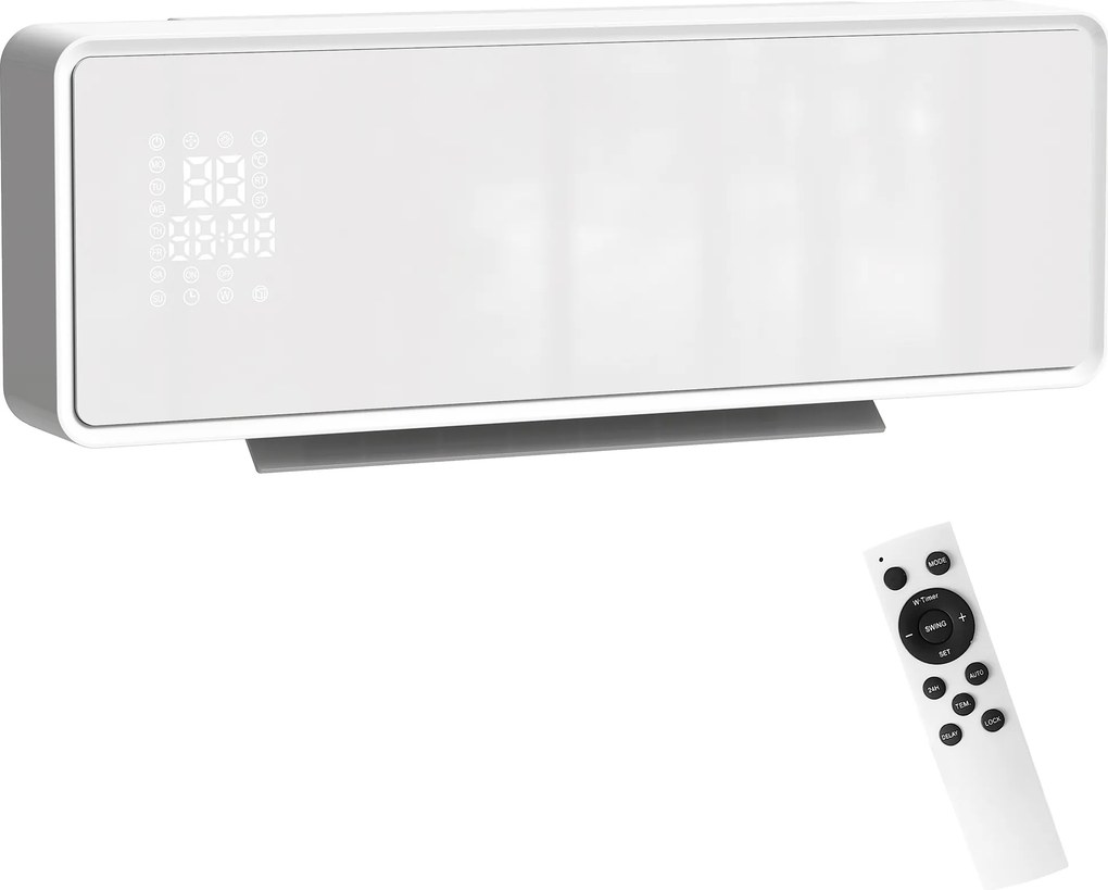 HOMCOM Montaż na ścianie 2000W ceramiczny grzejnik elektryczny, wentylator, termostat, timer, pilot, panel szklany, Biały