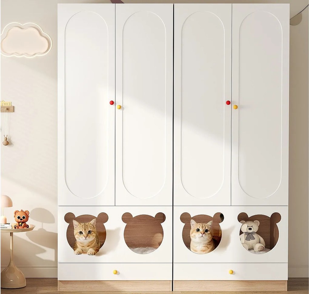 Zestaw 2 szaf dziecięcych 160x50x200 cm - z wieszakami na ubrania - z łóżkami dla kotów - 4 drzwi - biały + naturalny
