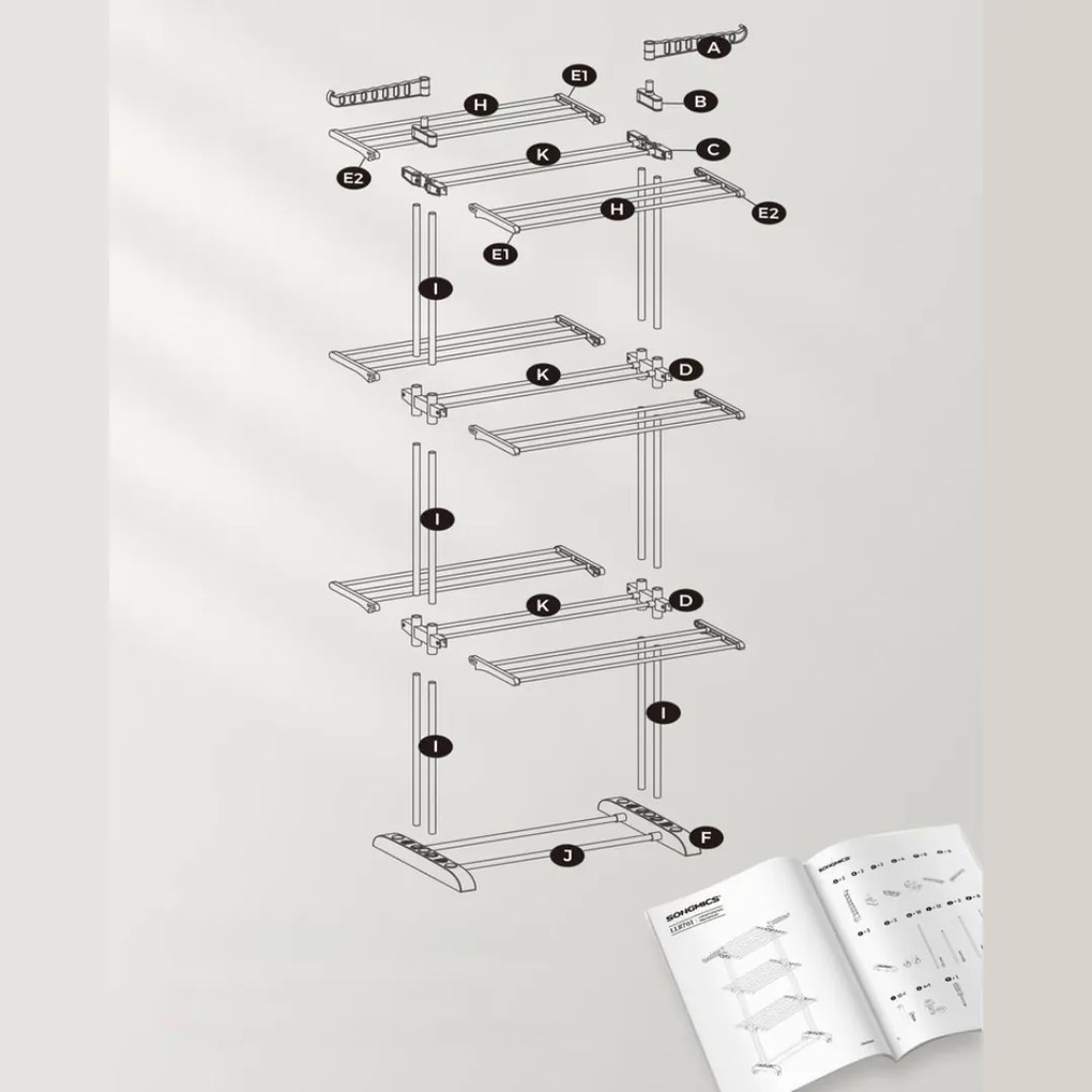 SongmicsHome Suszarka na pranie ELTON z 4 poziomami na kółkach, 76x172x50 cm, szara