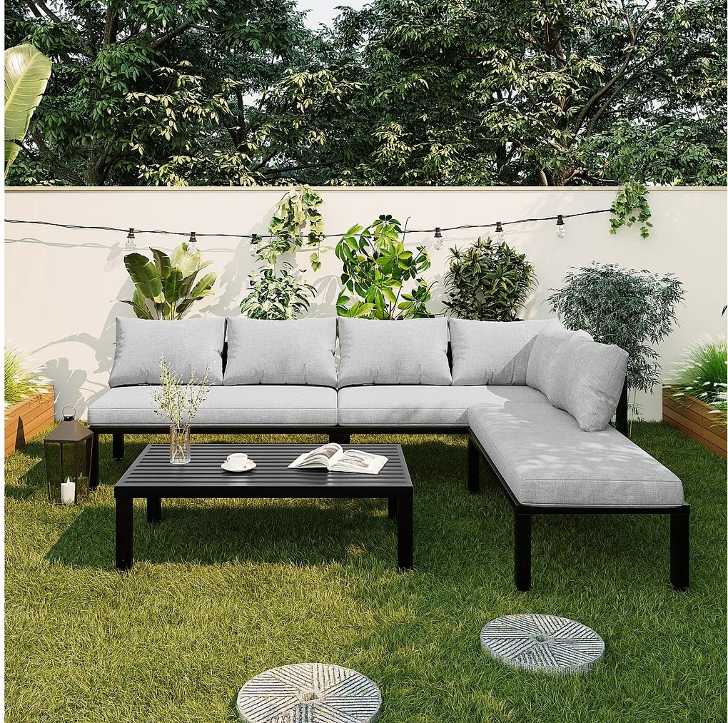 Zestaw mebli ogrodowych 6-osobowy - ocynkowana rama żelazna - z oparciem + sofa modułowa + stolik - szary
