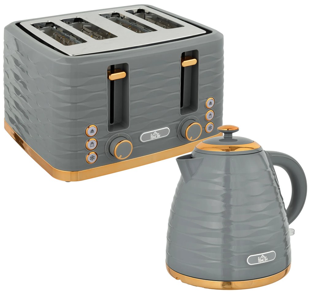 HOMCOM Zestaw 2 w 1: Toster i Czajnik, 7 Stopni Zrumienienia, Funkcje Rozmrażania i Podgrzewania, Szary
