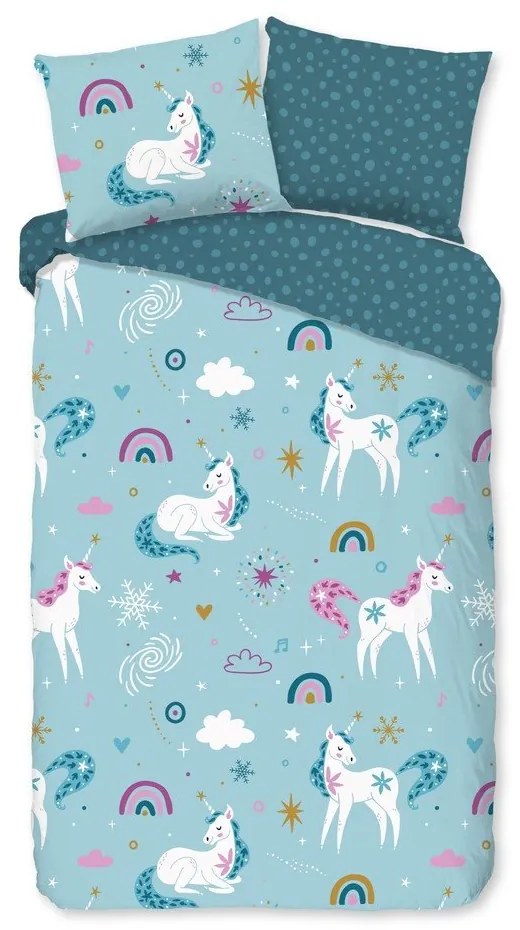 Niebieska flanelowa pościel dziecięca jednoosobowa 140x220 cm Snowycorn – Good Morning