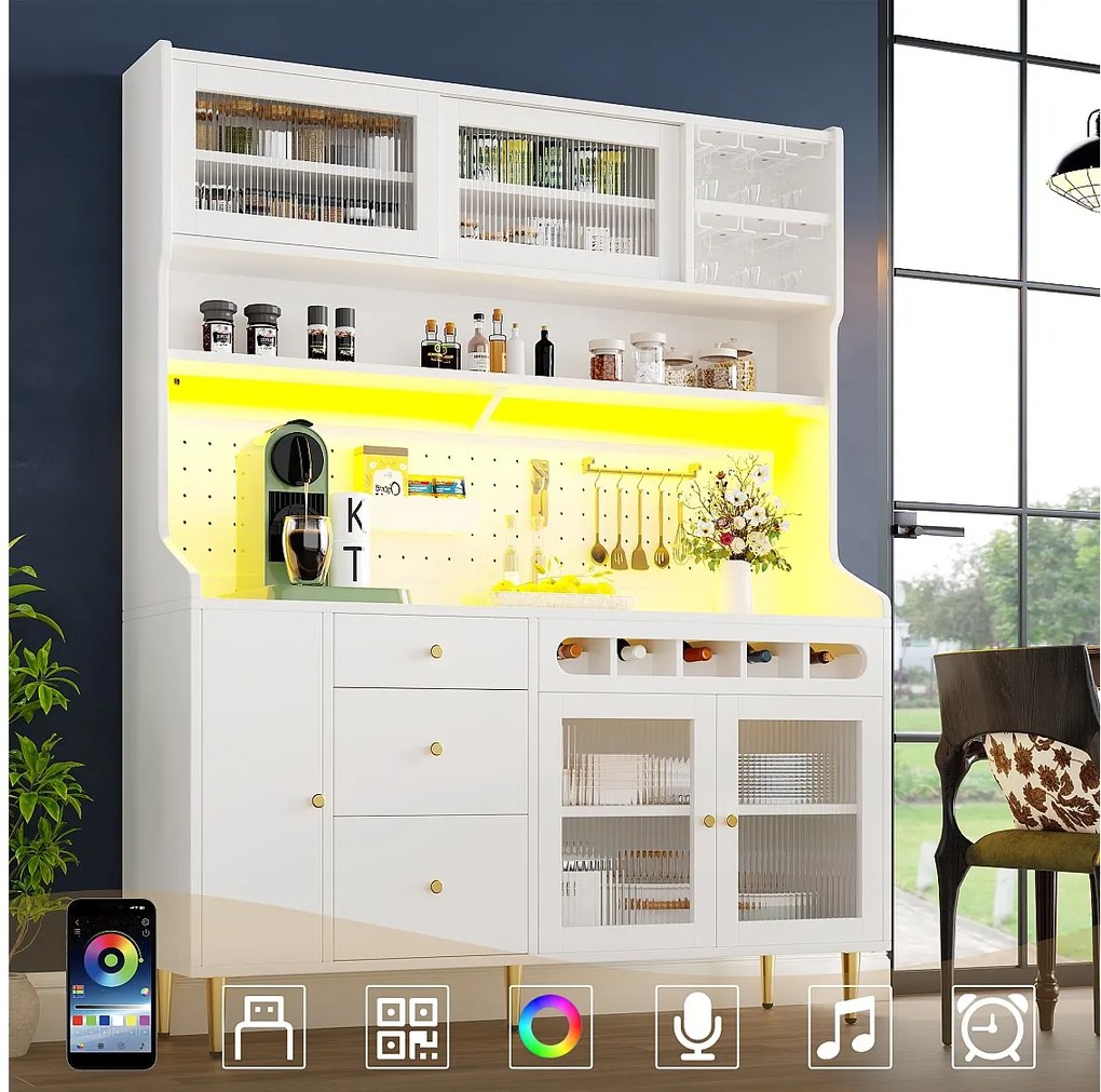 Wysoka komoda kuchenna - 145 x 39 x 171 cm - z diodami LED + stojak na wino + drzwi szklane + 3 szuflady - szkło + płyta MDF - biała