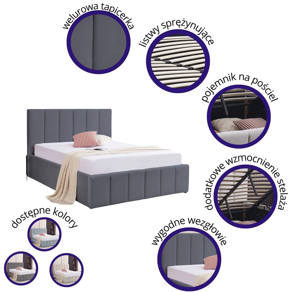 Łóżko Tapicerowane 140x200 Z MATERACEM, stelaż, pojemnik na pościel ciemny szary PRATO