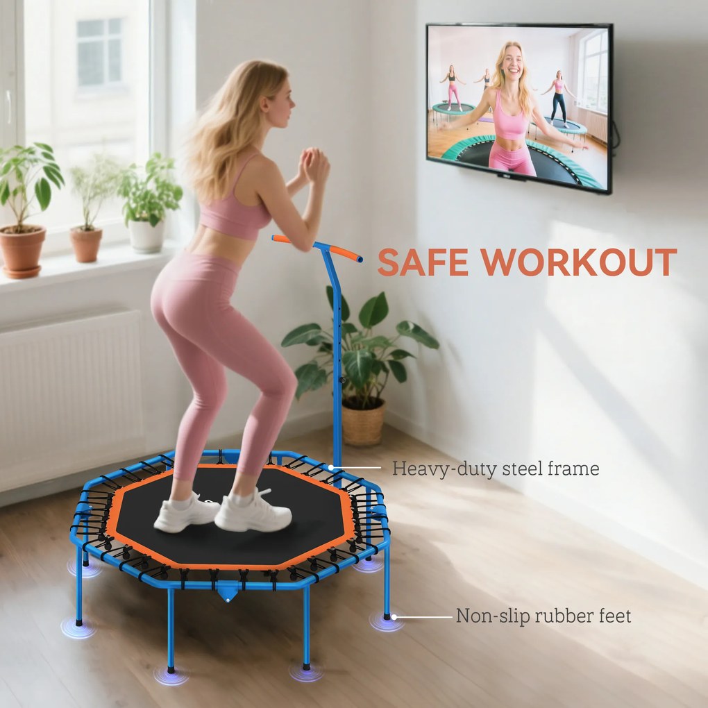SPORTNOW Fitness-Trampolin, Treningstrampolin z regulowanym uchwytem, stabilny i cichy, do użytku wewnątrz, Stal, Niebieski