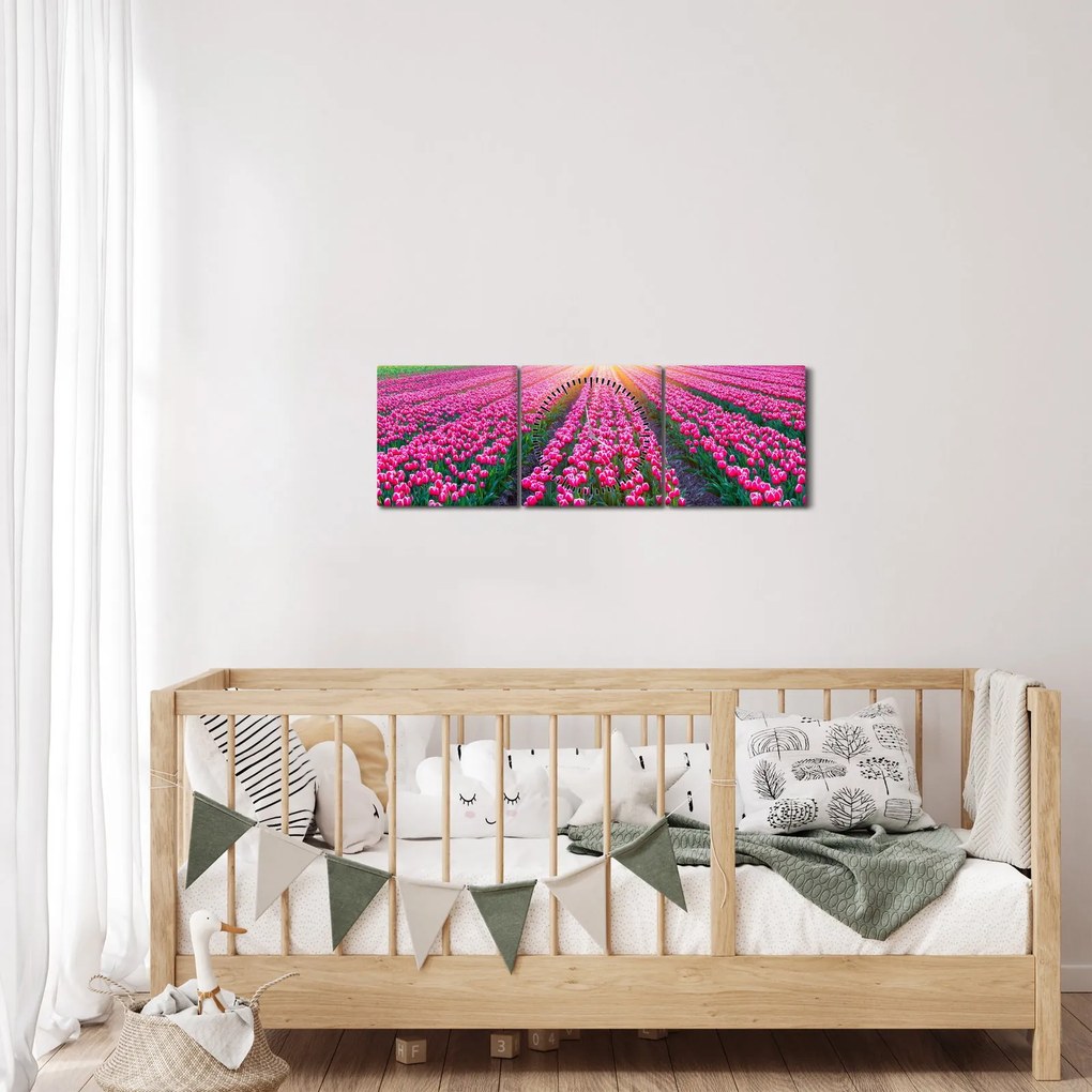 Obraz pole tulipanów ze słońcem (z zegarem) (90x30 cm)
