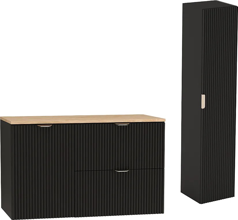 Czarny Zestaw do Łazienki 100cm Szafka Blat Orzech Szafka z Koszem Słupek Ryflowane Fronty